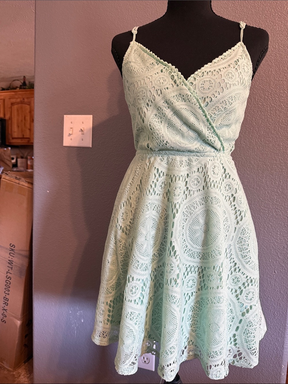 love, Fire Mint Crochet Fit & Flare Mini Dress
